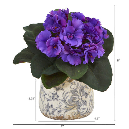 Planta Artificial de Violeta Africana de 8" en Jarrón con Diseño Floral (Juego de 2)