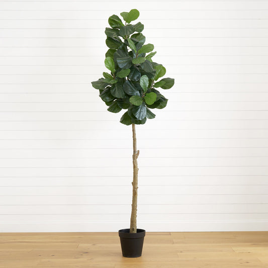 8’ fiddle leaf fig tree Nearly Natural in black pot with green leaves on white backdrop on Tampa Home & Garden Store