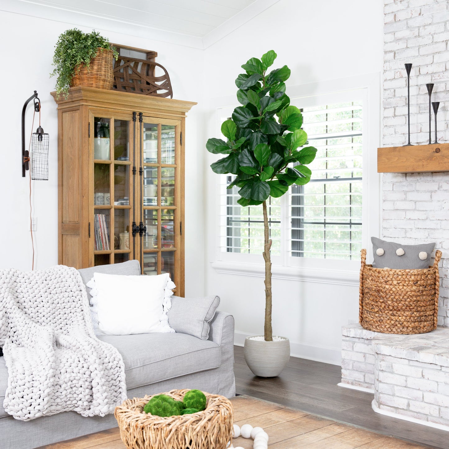 8 ft artificial fiddle leaf fig tree, tall indoor plant with dark green leaves by bright window on Tampa Home & Garden Store