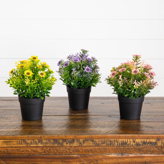 Nearly Natural 8in artificial daisies in black pots, set of 3 on Tampa Home & Garden Store