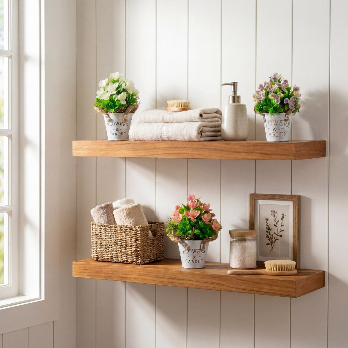 8in Nearly Natural artificial flowering plant set of 3 in rustic planters, white lavender blooms on Tampa Home & Garden Store