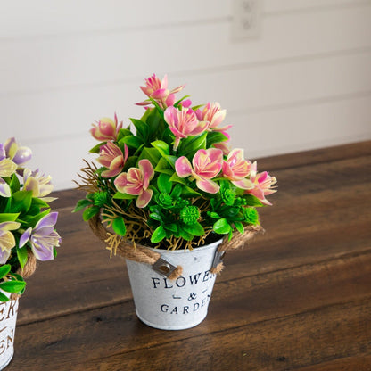 8-inch artificial flowering plant in a rustic bucket planter pink blooms set of 3 Nearly Natural on Tampa Home & Garden Store