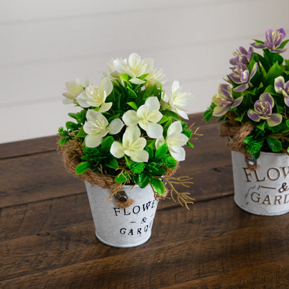 Artificial flowering plant in rustic metal planter with white blooms and green foliage set of 3 on Tampa Home & Garden Store