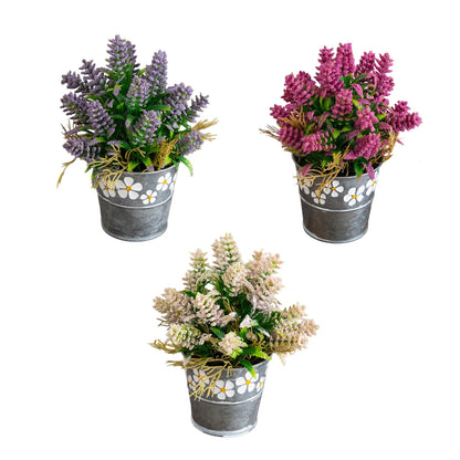 Set of 3 Nearly Natural artificial lavender plants in tin planters with daisy pattern on Tampa Home & Garden Store
