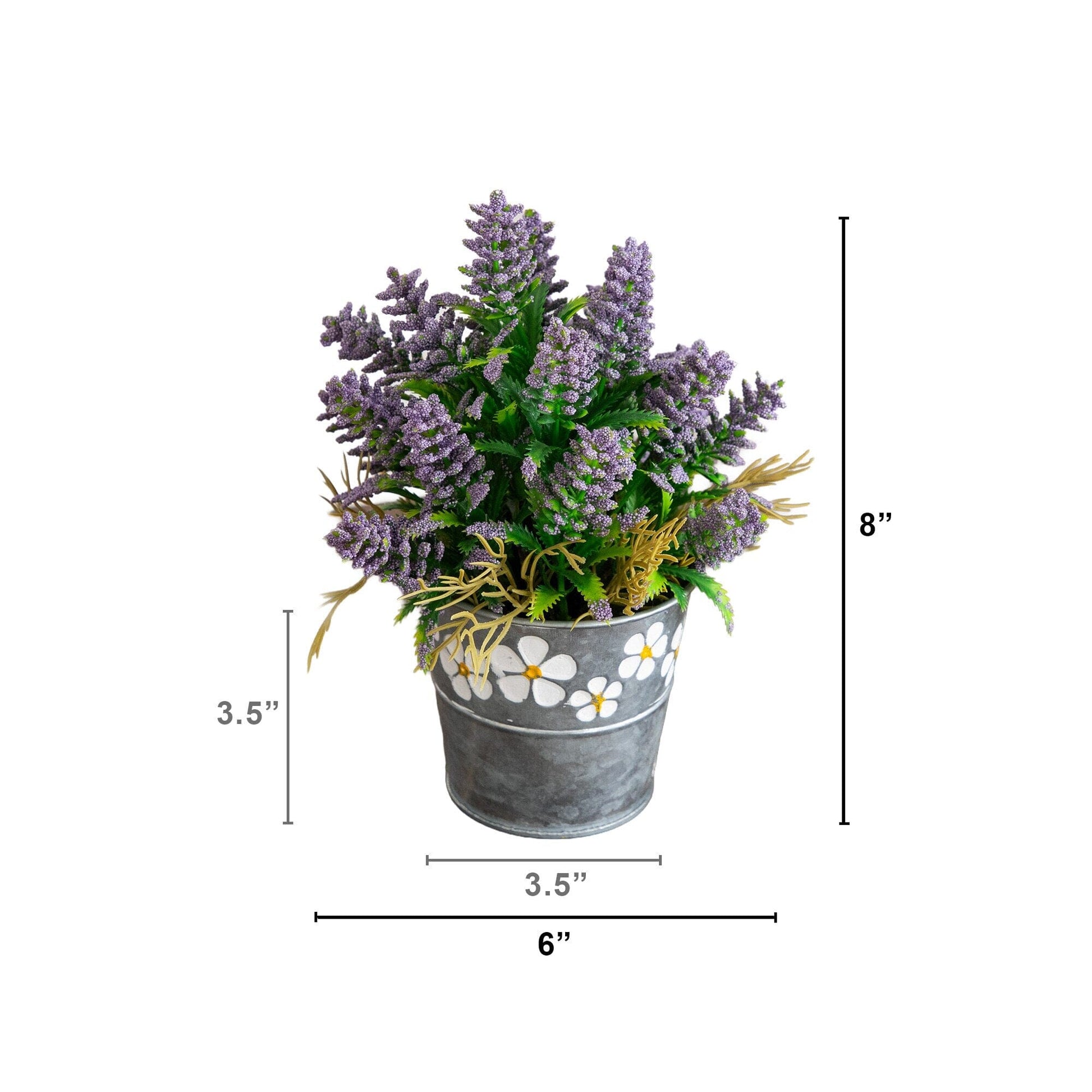 Nearly Natural 8-inch artificial lavender plant trio in decorative tin planter with daisies on Tampa Home & Garden Store
