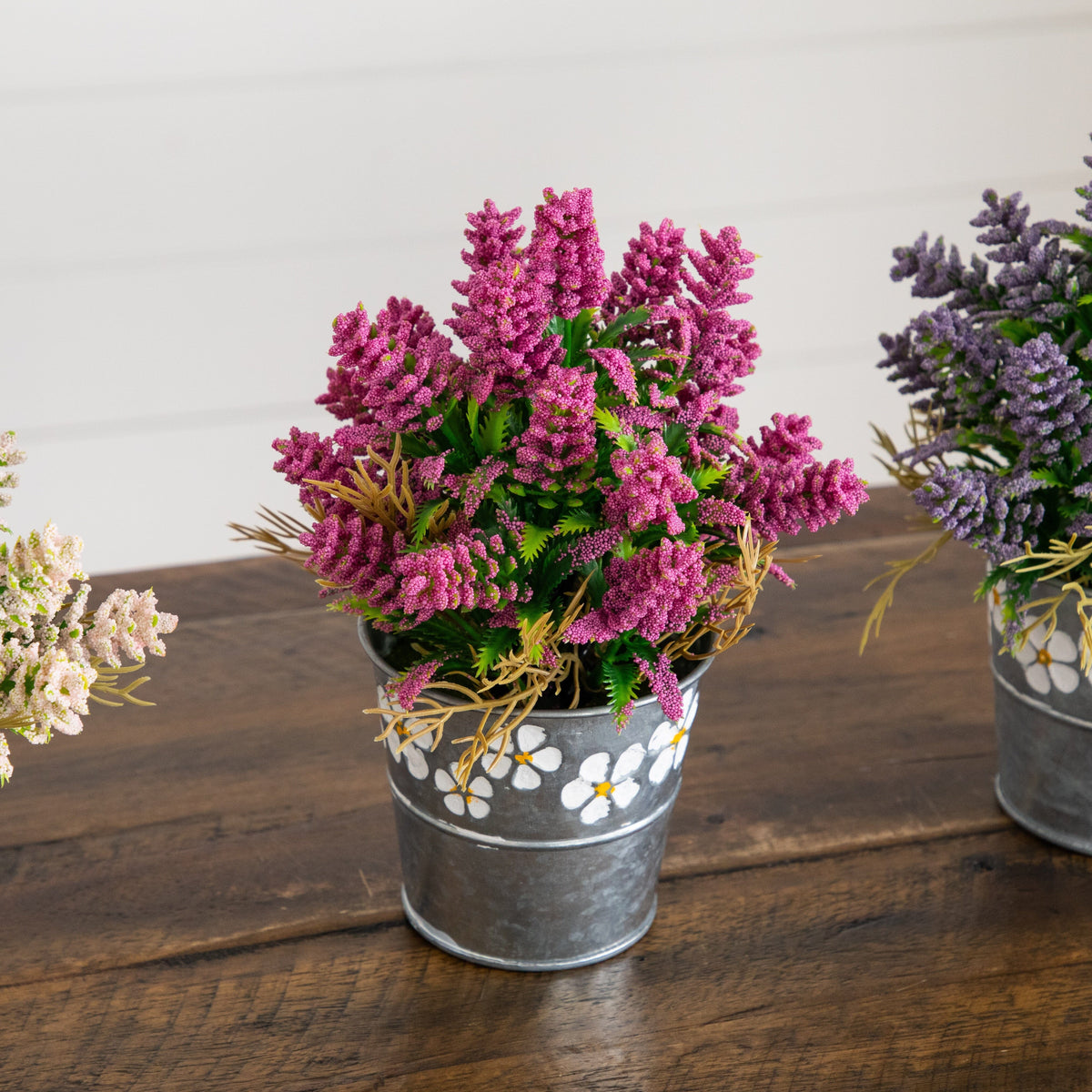 8-inch artificial lush lavender plant in decorative daisy tin planter set of 3 on Tampa Home & Garden Store