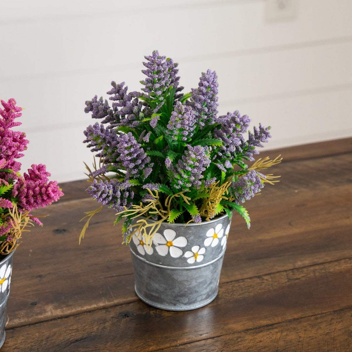 8-inch artificial lavender plant in a tin planter with white daisy design, Nearly Natural on Tampa Home & Garden Store