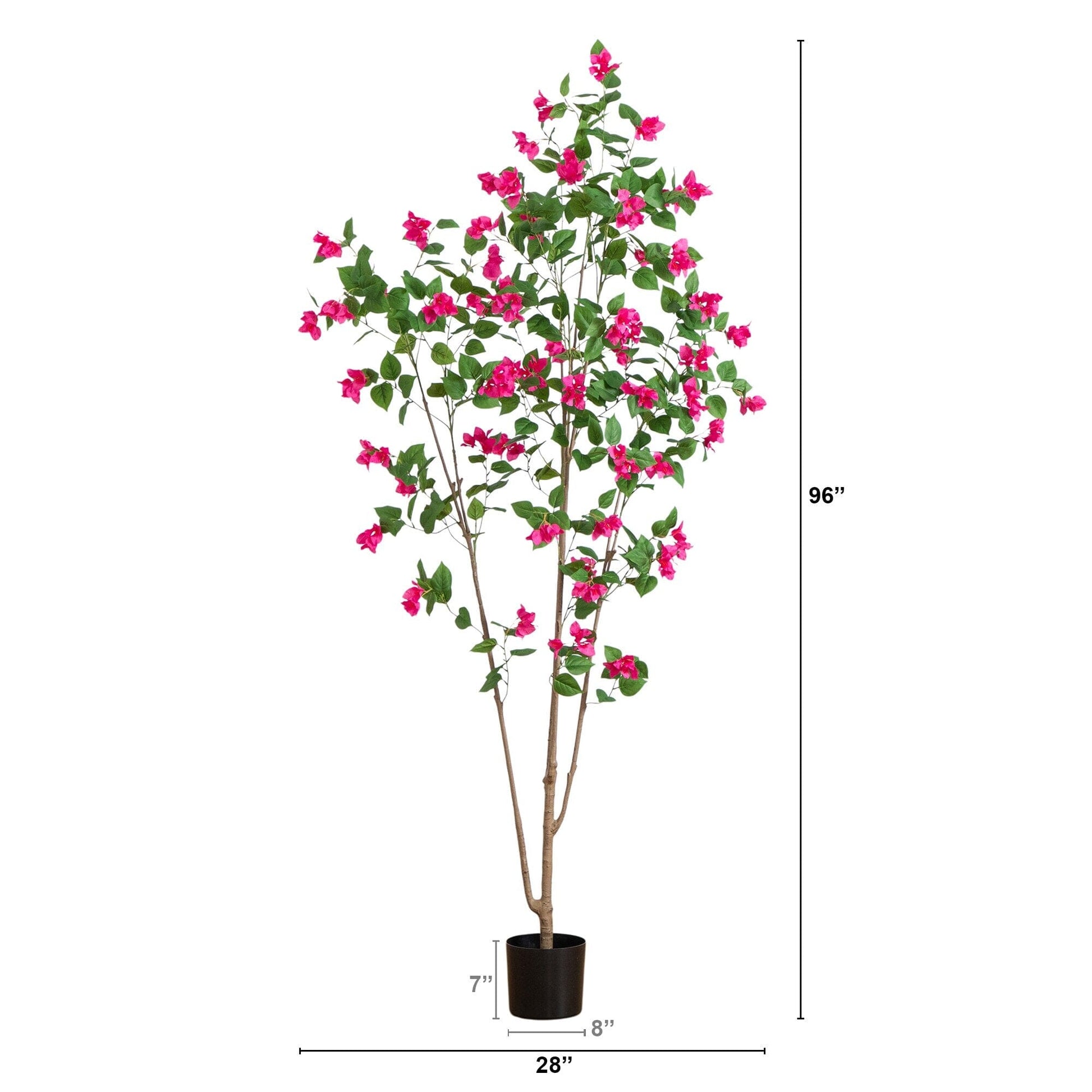Artificial Minimalist Bougainvillea Tree with pink blooms and green leaves in a black pot on Tampa Home & Garden Store