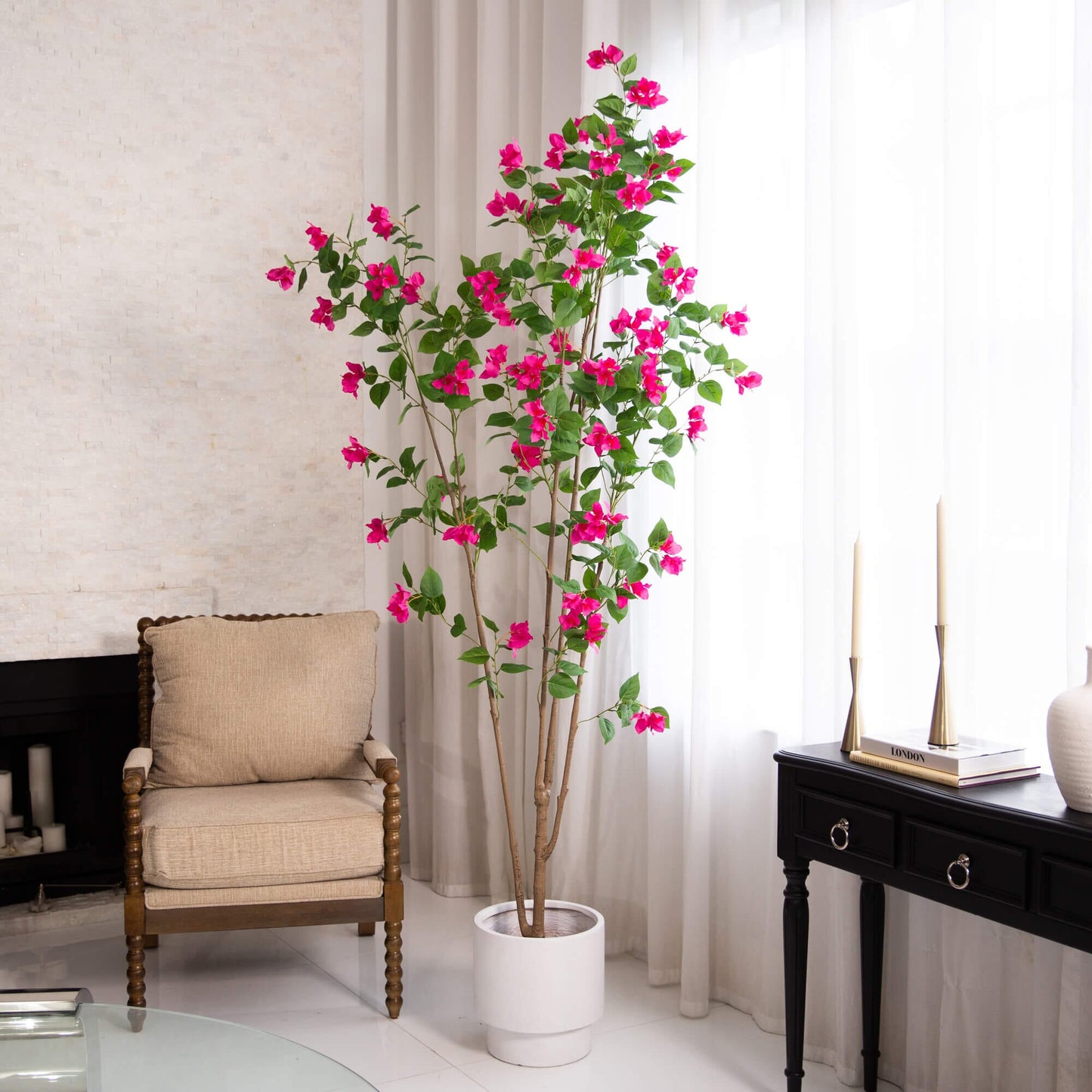 8ft Nearly Natural artificial bougainvillea tree with pink blooms and green leaves in a white pot on Tampa Home & Garden Store