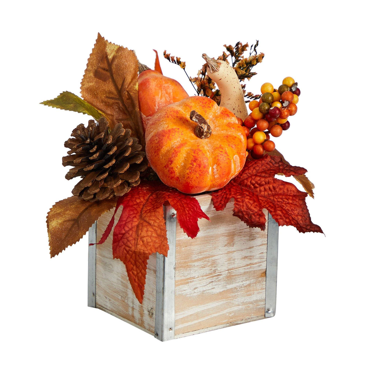 Artificial autumn arrangement with pumpkins gourds berries and pinecones in a washed vase on Tampa Home & Garden Store