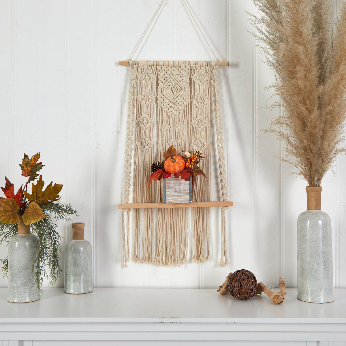 8in Fall pumpkin gourd berry pinecone arrangement in natural washed vase with macrame hanger on Tampa Home & Garden Store