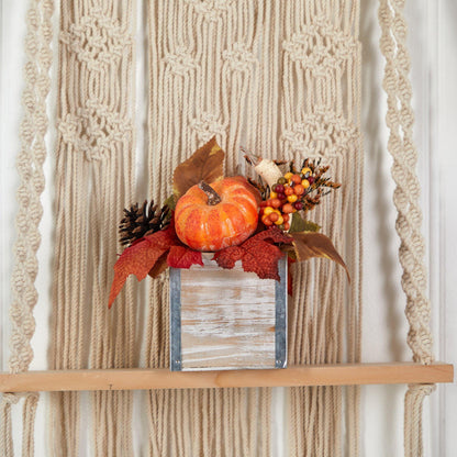 8-inch Fall pumpkin gourd berries pinecones arrangement by Nearly Natural on a wooden crate on Tampa Home & Garden Store