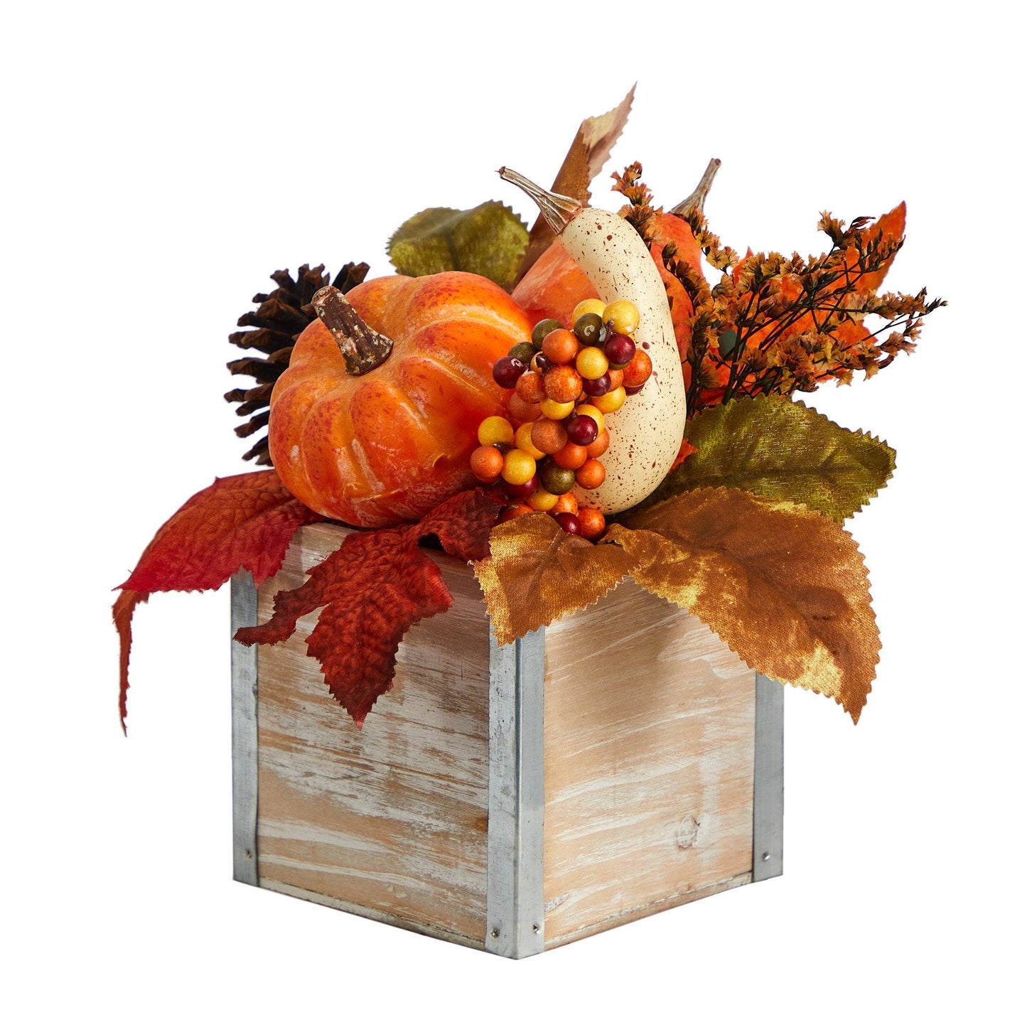 Artificial autumn arrangement with pumpkins gourds berries and pinecones on a rustic crate on Tampa Home & Garden Store