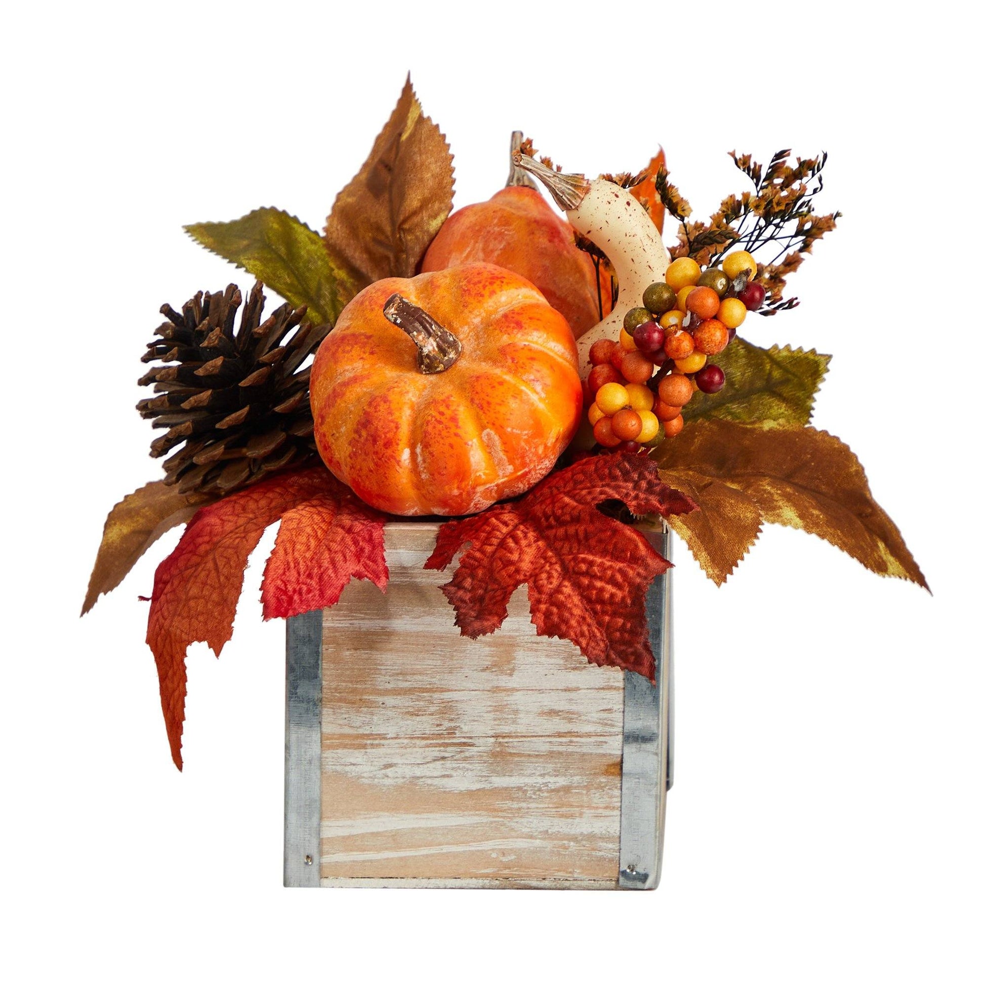 8in Fall Pumpkin Gourd Berries and Pinecones Arrangement by Nearly Natural in a Natural Washed Vase on Tampa Home & Garden Store