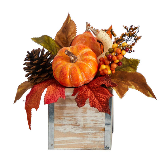 8in Fall Pumpkin Gourd Berries and Pinecones Arrangement by Nearly Natural in a Natural Washed Vase on Tampa Home & Garden Store