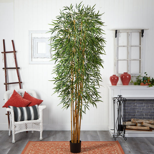 7 ft Bamboo Silk Tree Nearly Natural artificial bamboo tree with dark green leaves in a black pot on Tampa Home & Garden Store