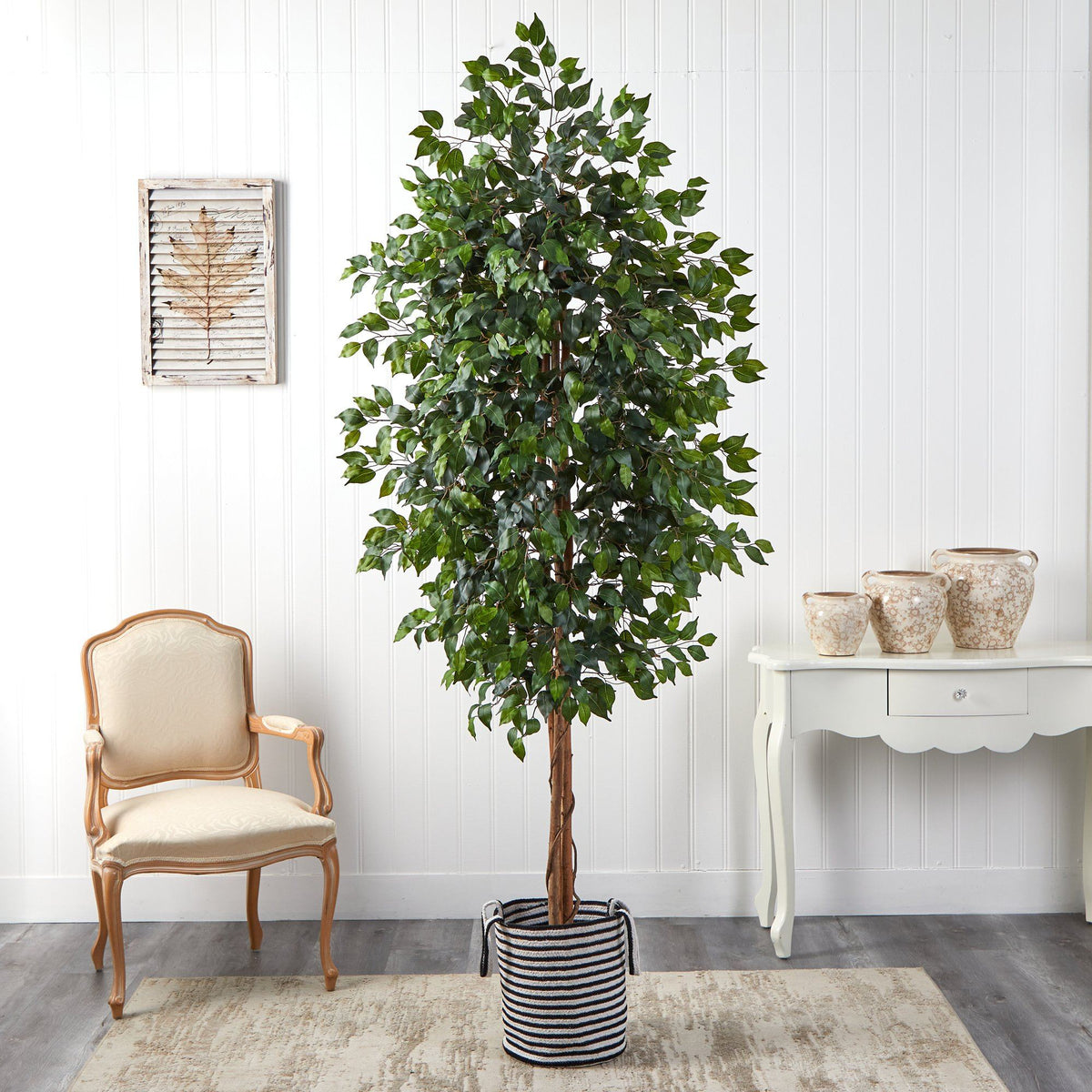8ft ficus artificial tree in handmade black and white natural jute and cotton planter on Tampa Home & Garden Store