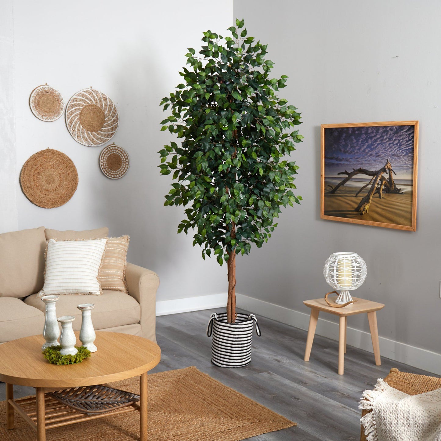 8 ft Nearly Natural ficus artificial tree in handmade black and white natural jute and cotton planter on Tampa Home & Garden Store