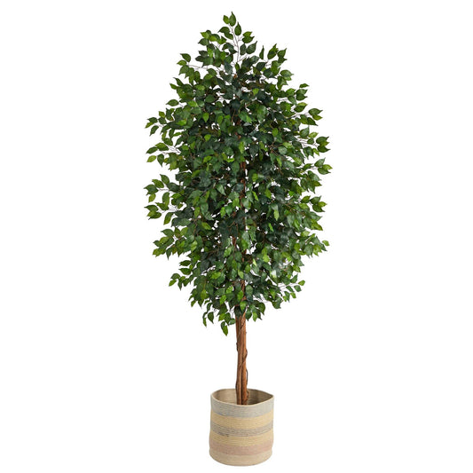 8’ Ficus Artificial Tree with Handmade Natural Cotton Multicolored Woven Planter - Tampa Home & Garden Store