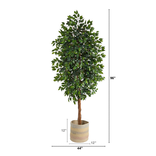 8’ Ficus Artificial Tree with Handmade Natural Cotton Multicolored Woven Planter - Tampa Home & Garden Store