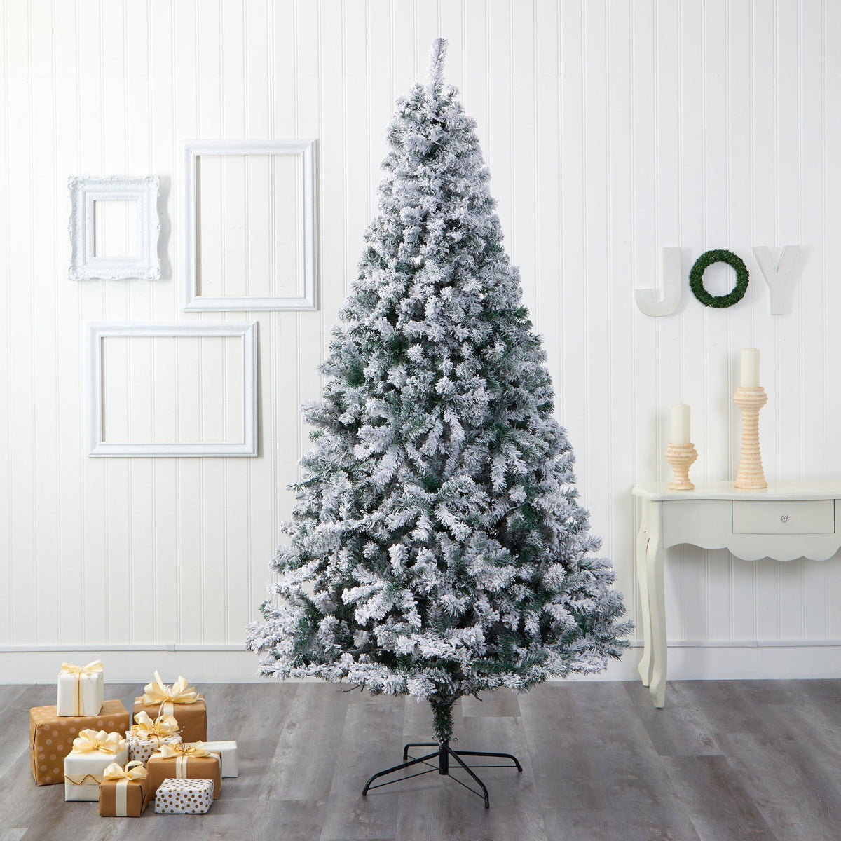 Nearly Natural 8' Rock Springs Spruce artificial Christmas Tree with snow-flocked needles on Tampa Home & Garden Store