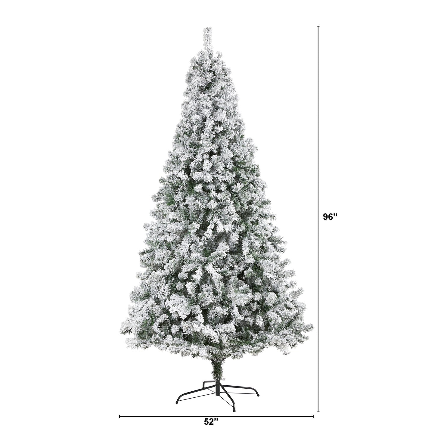 8' Flocked Rock Springs Spruce Tree by Nearly Natural with snow-flocked branches on a metal stand on Tampa Home & Garden Store