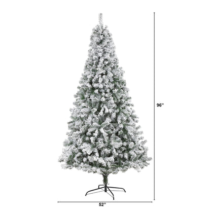 8' Flocked Rock Springs Spruce Tree by Nearly Natural with snow-flocked branches on a metal stand on Tampa Home & Garden Store