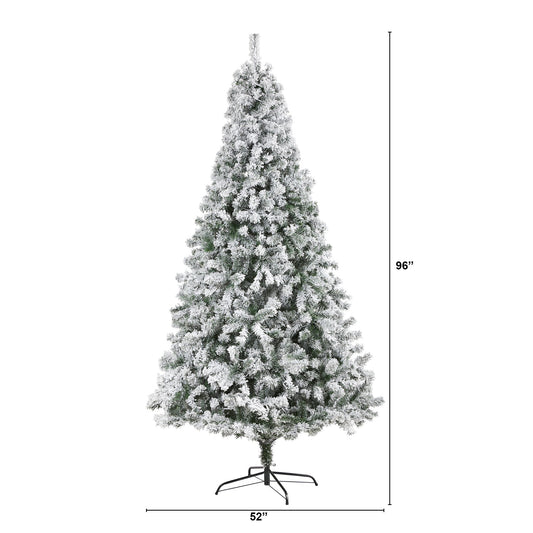8' Flocked Rock Springs Spruce Tree by Nearly Natural with snow-flocked branches on a metal stand on Tampa Home & Garden Store