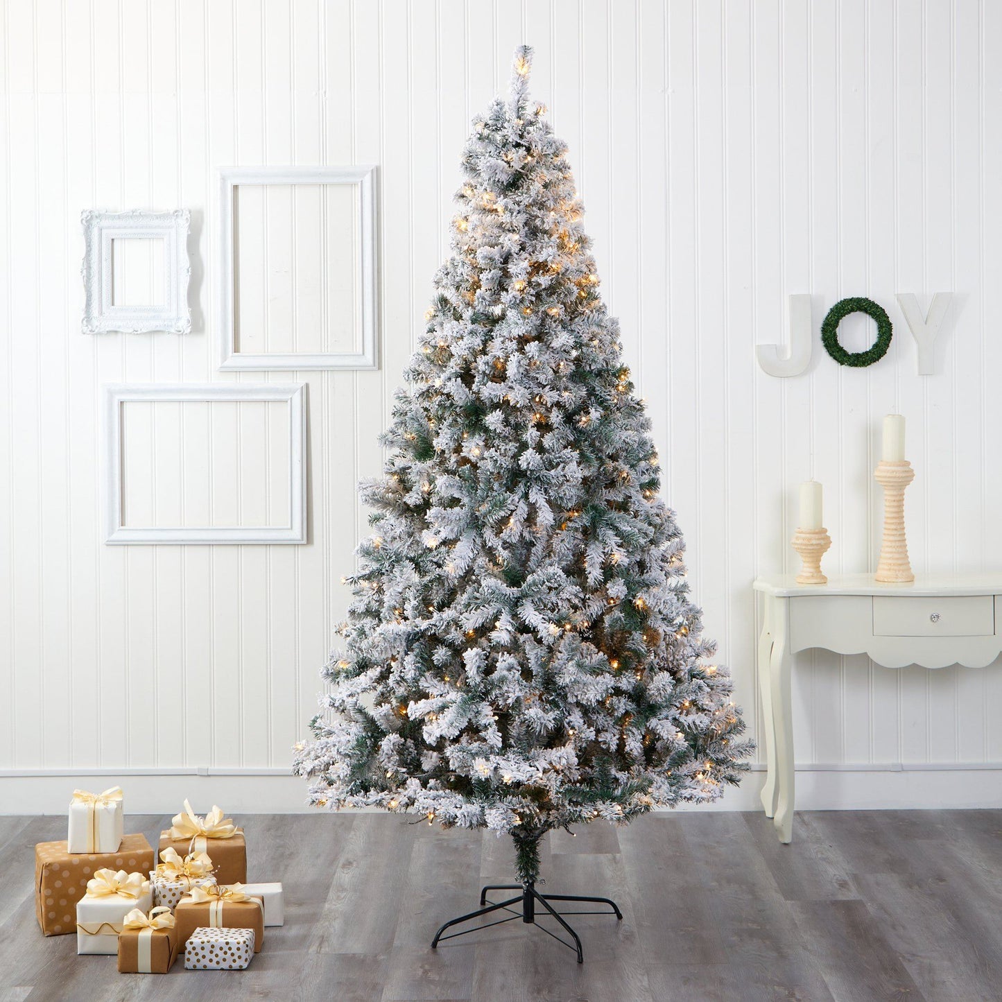 8' Flocked Rock Springs Spruce artificial Christmas tree with 500 clear LED lights on Tampa Home & Garden Store