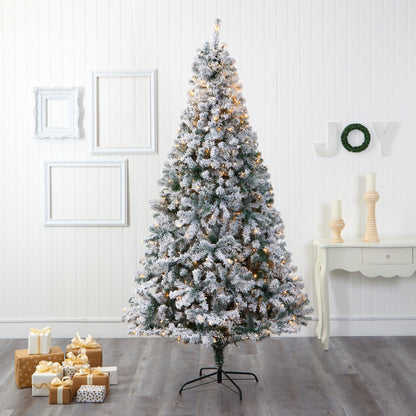 8' Flocked Rock Springs Spruce artificial Christmas tree with 500 clear LED lights on Tampa Home & Garden Store