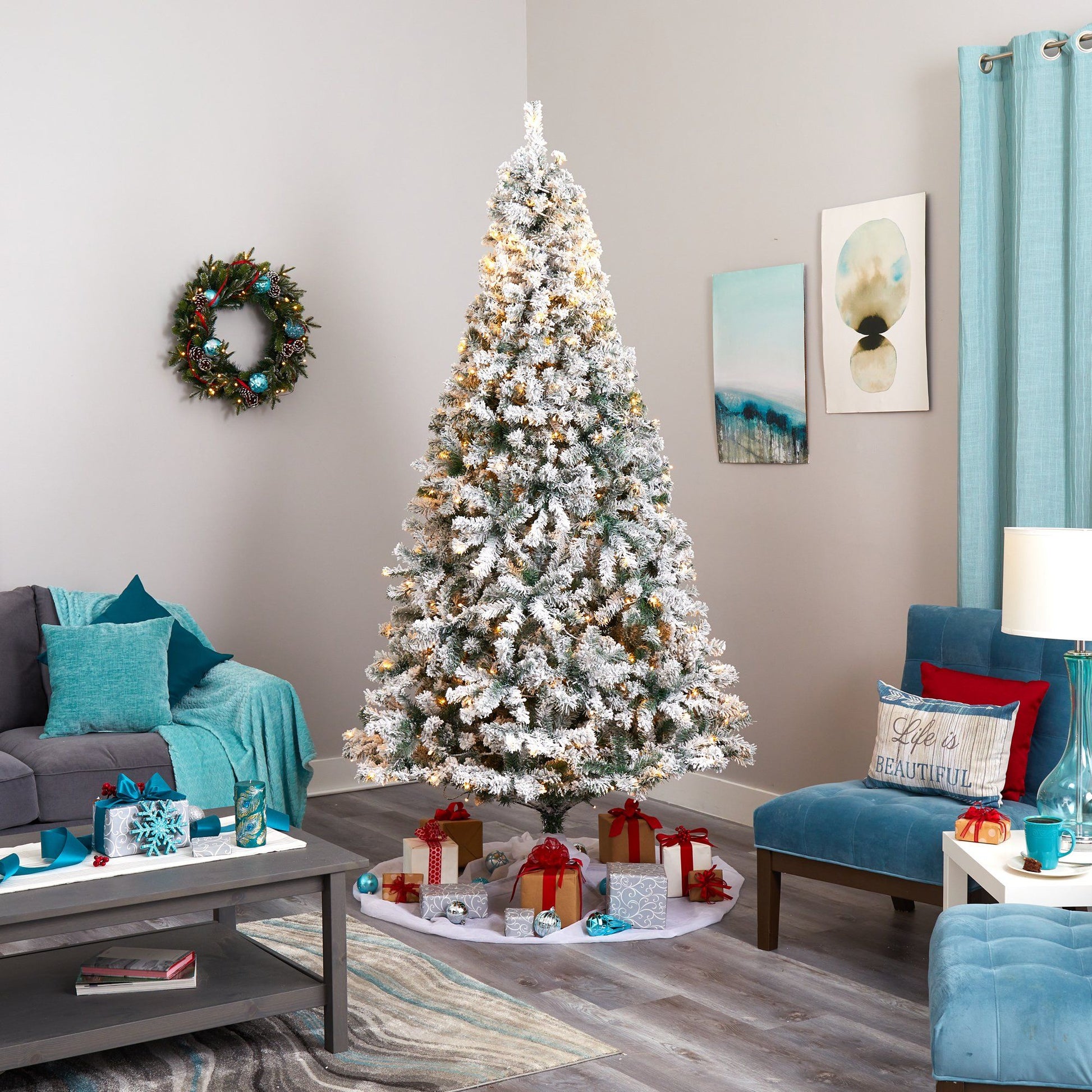 8' Flocked Rock Springs Spruce Christmas Tree by Nearly Natural with 500 LED lights on Tampa Home & Garden Store