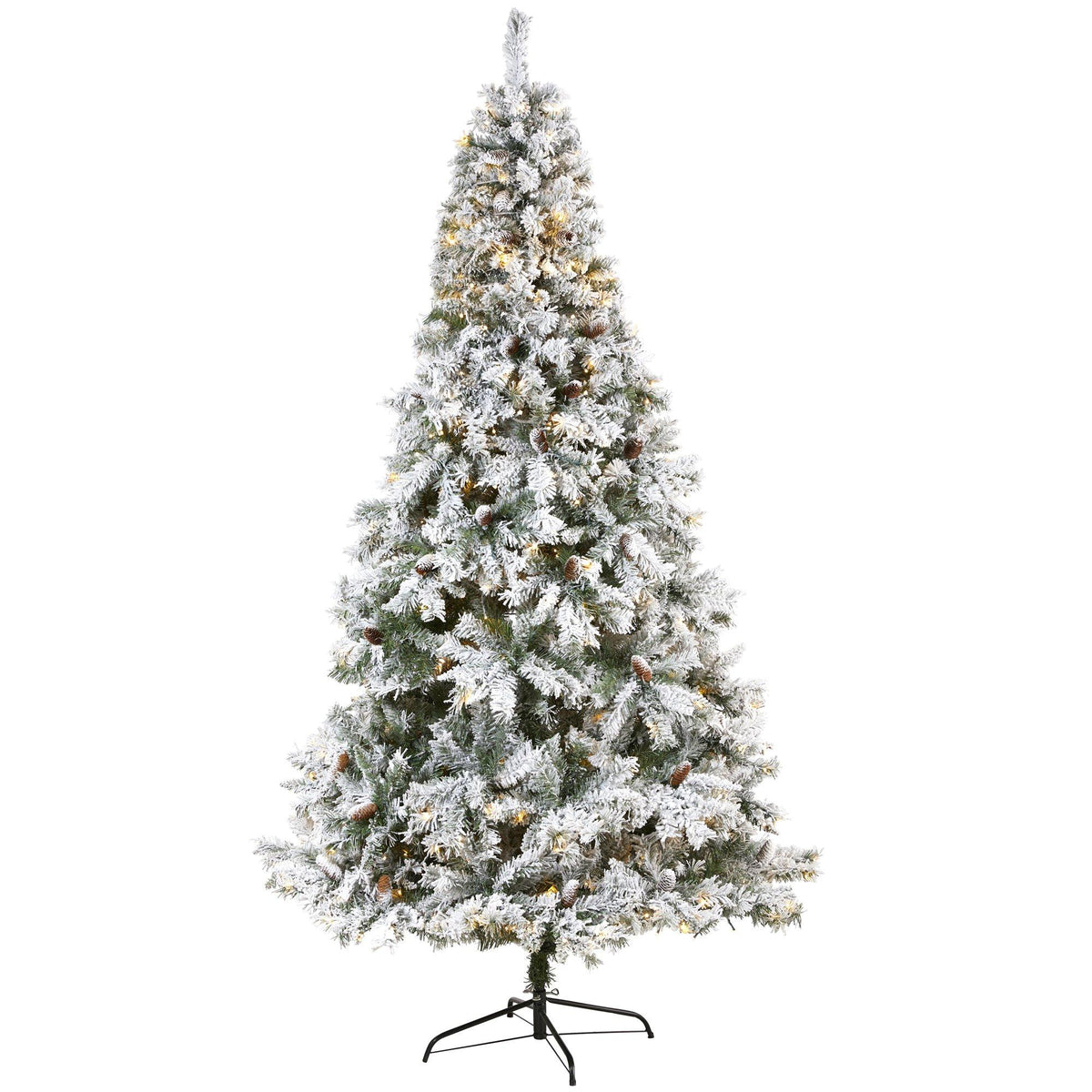 8' Flocked White River Pine Christmas Tree by Nearly Natural with 500 LED lights and cones on Tampa Home & Garden Store