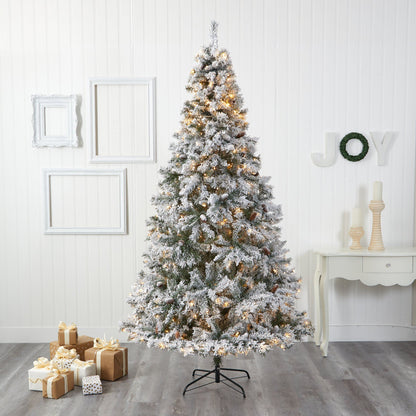 Christmas tree 8' flocked white River Mountain Pine pinecones and 500 clear LED lights on Tampa Home & Garden Store