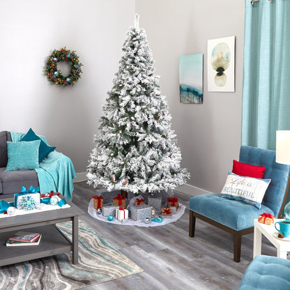 8' Nearly Natural flocked white River Mountain Pine tree with pinecones and 500 LED lights on Tampa Home & Garden Store