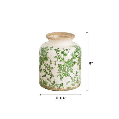Vase 8in Floral Tuscan ceramic with green scroll pattern Nearly Natural on Tampa Home & Garden Store