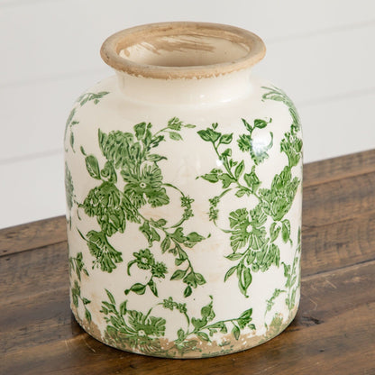8-inch Floral Tuscan Ceramic Green Scroll Vase by Nearly Natural with green vine motif on Tampa Home & Garden Store