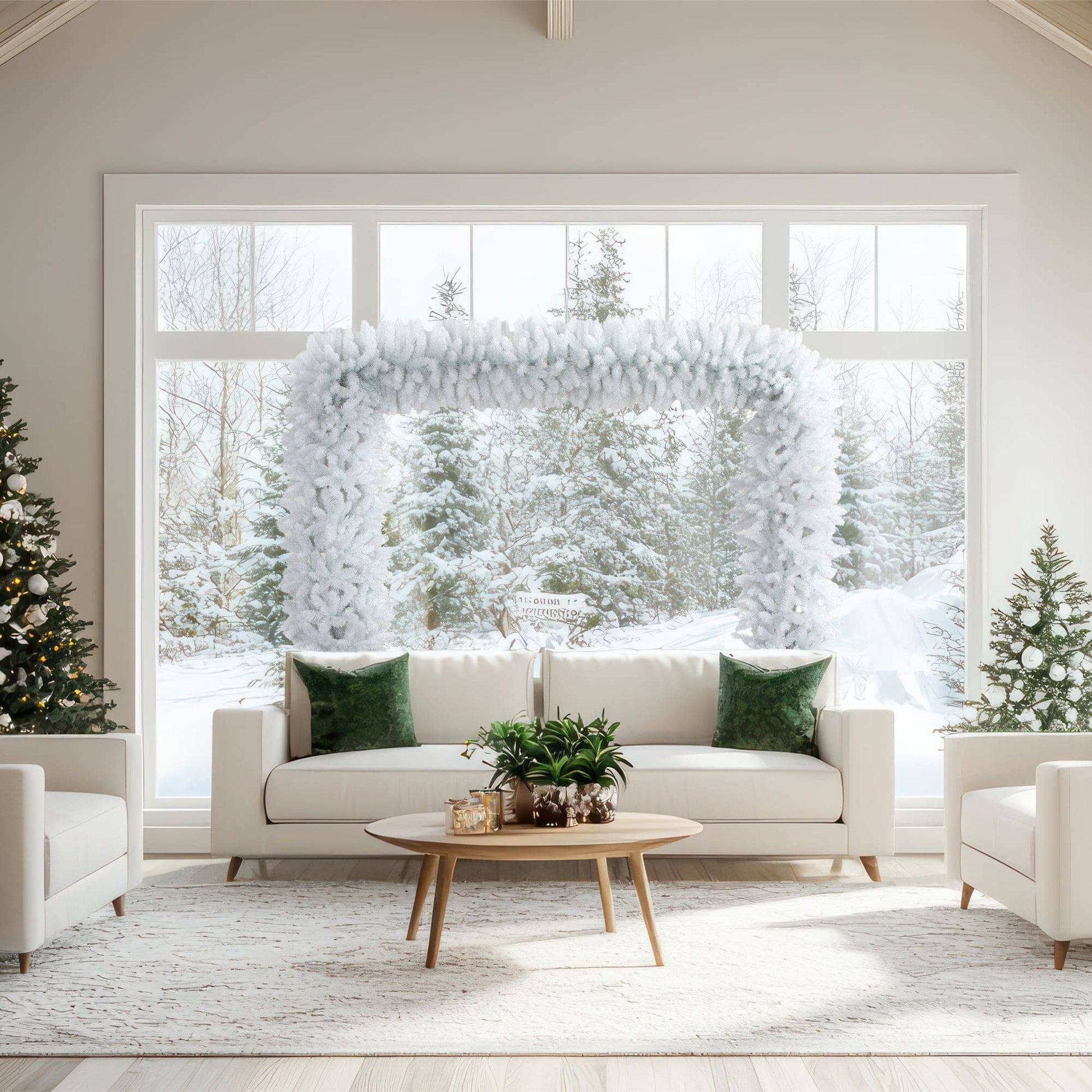 8' Artificial Holiday White Christmas Pine Archway by Nearly Natural over living room window on Tampa Home & Garden Store
