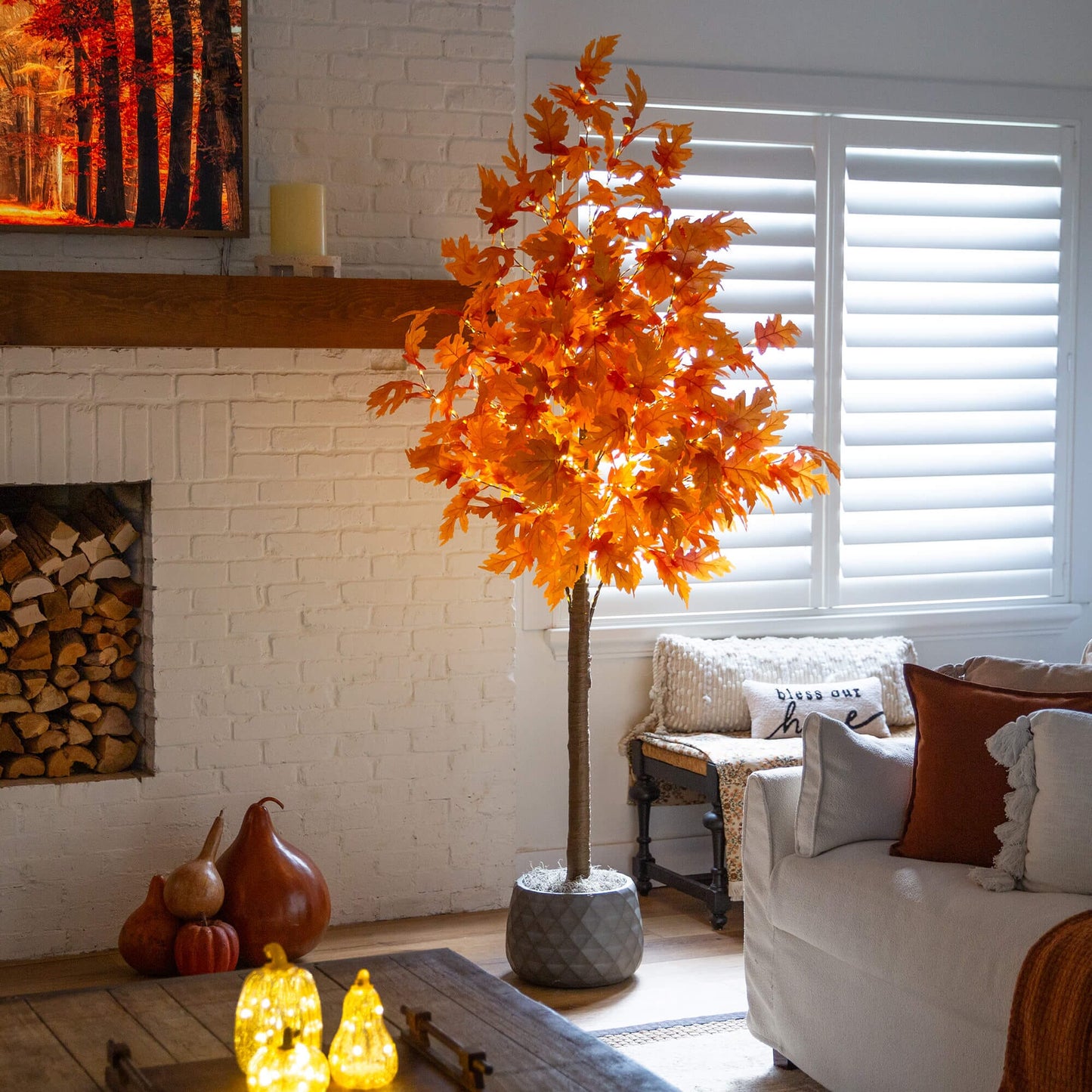 8 ft Autumn Maple artificial tree with 660 warm white LEDs, orange leaves Nearly Natural on Tampa Home & Garden Store