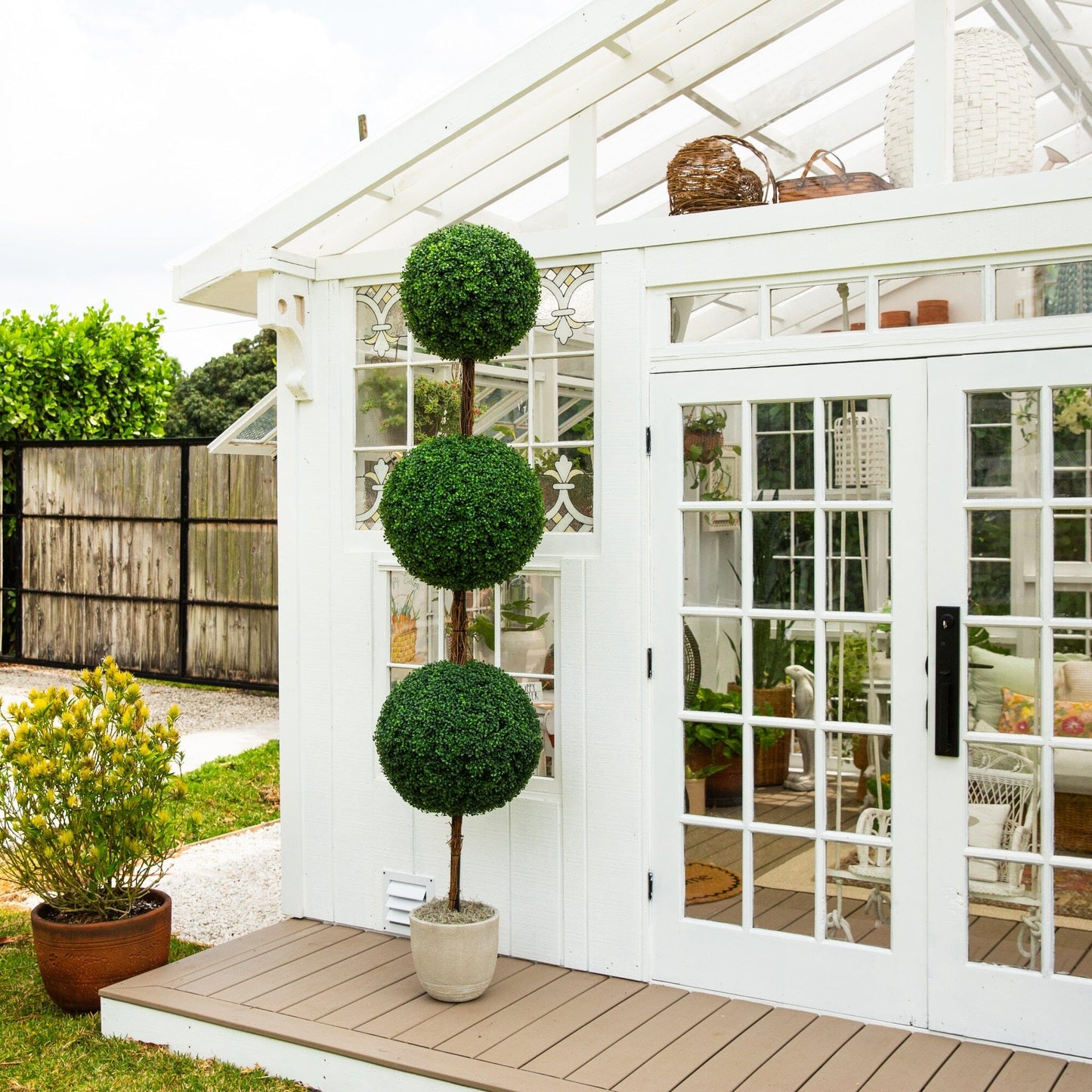 8' UV resistant artificial triple-ball boxwood topiary tree Nearly Natural indoor/outdoor on Tampa Home & Garden Store