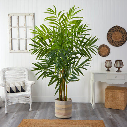 8' King Palm artificial tree in handmade natural cotton multicolored woven planter on Tampa Home & Garden Store