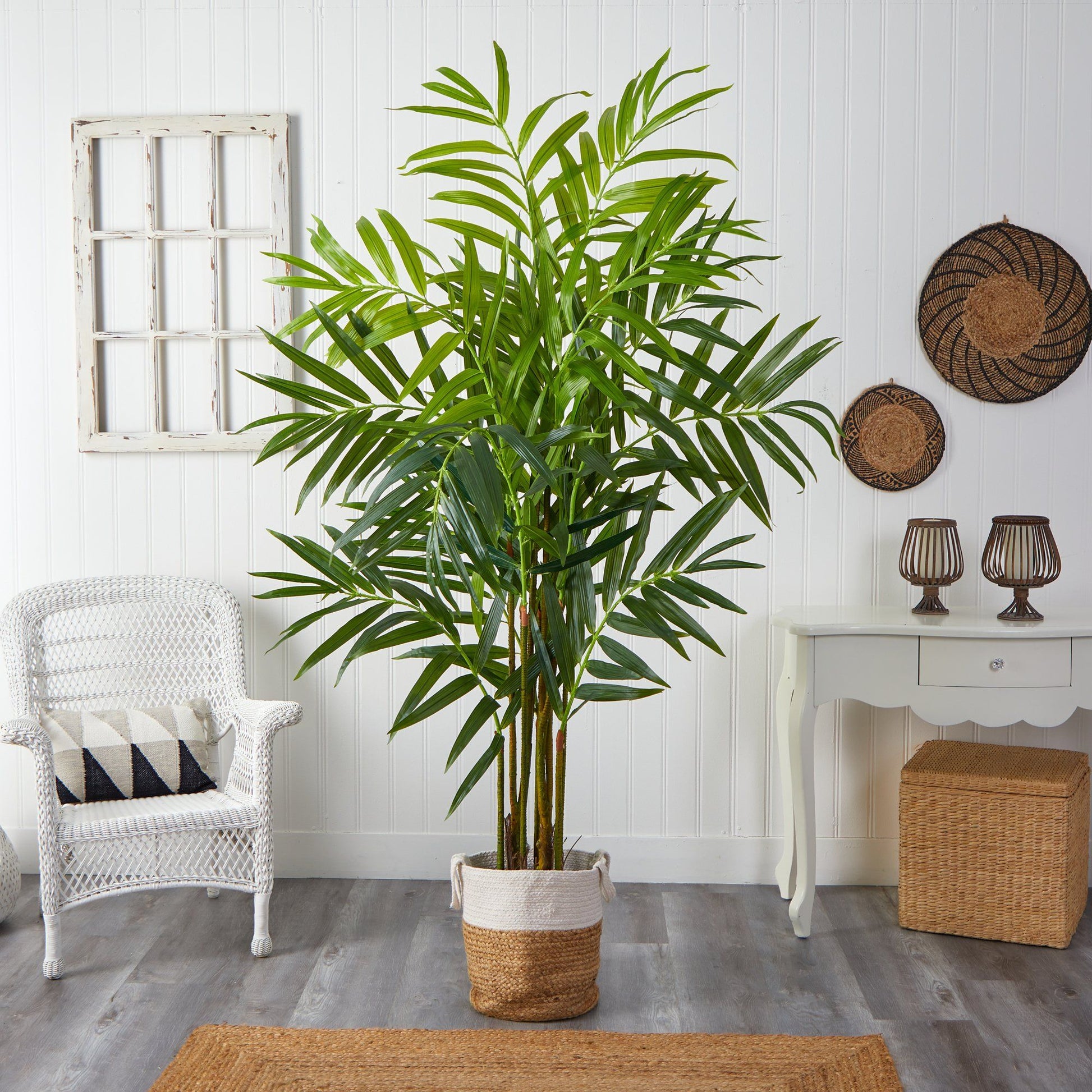 8 ft King Palm artificial tree with 12 bendable branches in handmade natural jute and cotton planter on Tampa Home & Garden Store