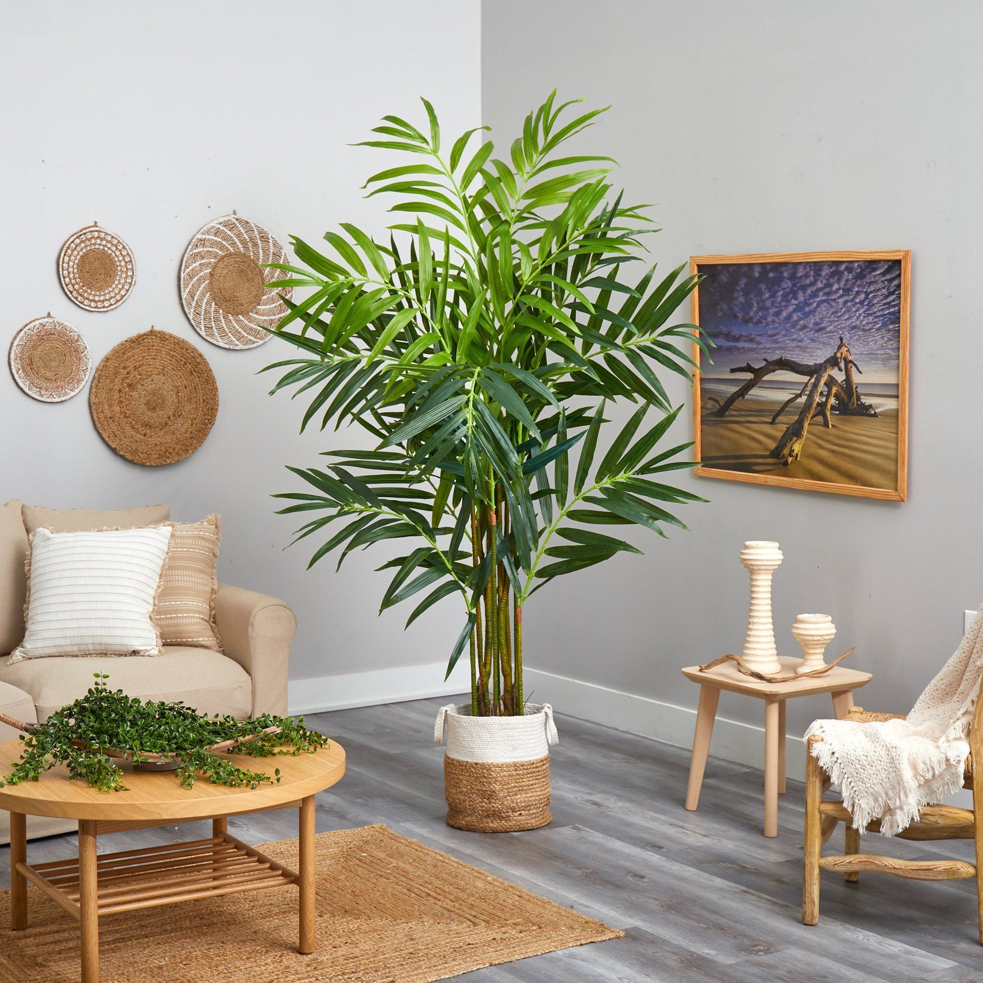 8’ King Palm artificial tree in natural jute and cotton planter with 12 bendable branches on Tampa Home & Garden Store
