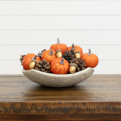8-pc artificial autumn harvest pumpkin decor set with orange pumpkins, pinecones in a bowl on Tampa Home & Garden Store
