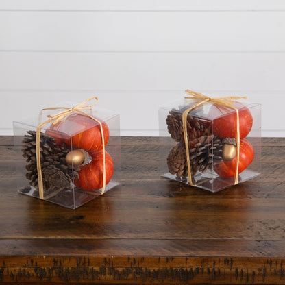 8-pc artificial autumn harvest pumpkin decor set of 2 in clear boxes w pinecones Nearly Natural on Tampa Home & Garden Store