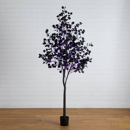 8' Pre-Lit Halloween Black Eucalyptus Tree with 540 LEDs (orange & purple) in pot on Tampa Home & Garden Store