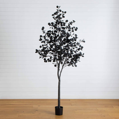 8' Pre-Lit Halloween Black Eucalyptus Tree with 540 orange and purple LEDs in a black pot on Tampa Home & Garden Store