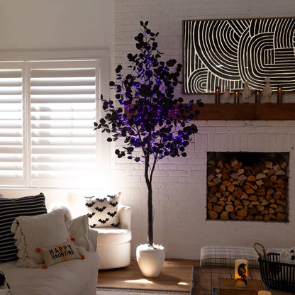 8 ft tall pre-lit artificial Halloween black eucalyptus tree with purple & orange LEDs on Tampa Home & Garden Store