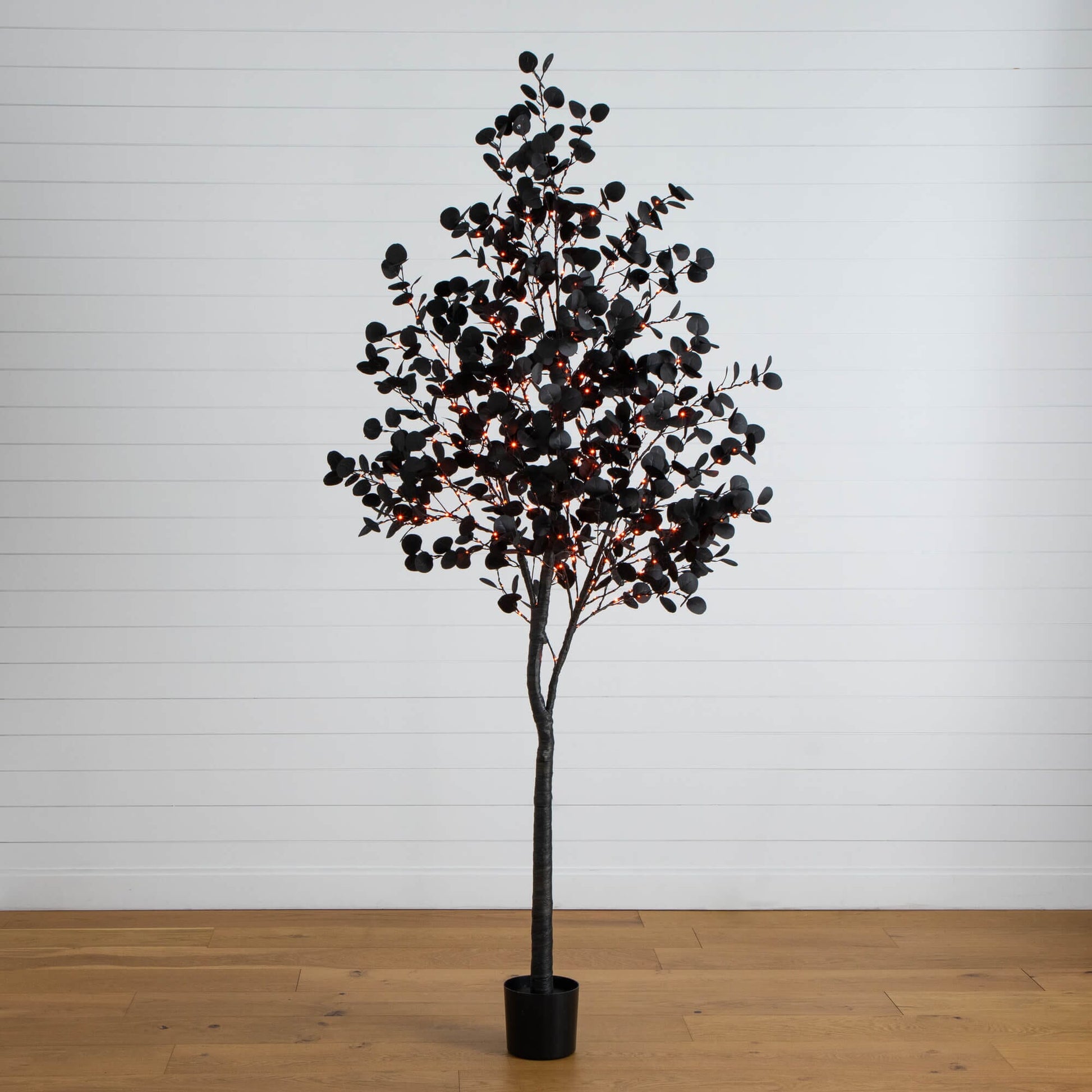 8 ft pre-lit Halloween black eucalyptus tree with 540 orange and purple LEDs in a black planter on Tampa Home & Garden Store
