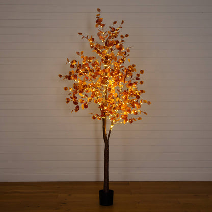 8' Pre-Lit Autumn Eucalyptus Tree with 540 warm white LEDs, orange leaves in a black pot on Tampa Home & Garden Store