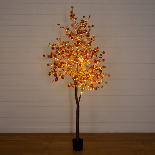 8' Pre-Lit Autumn Eucalyptus Tree with 540 warm white LEDs, orange leaves in a black pot on Tampa Home & Garden Store